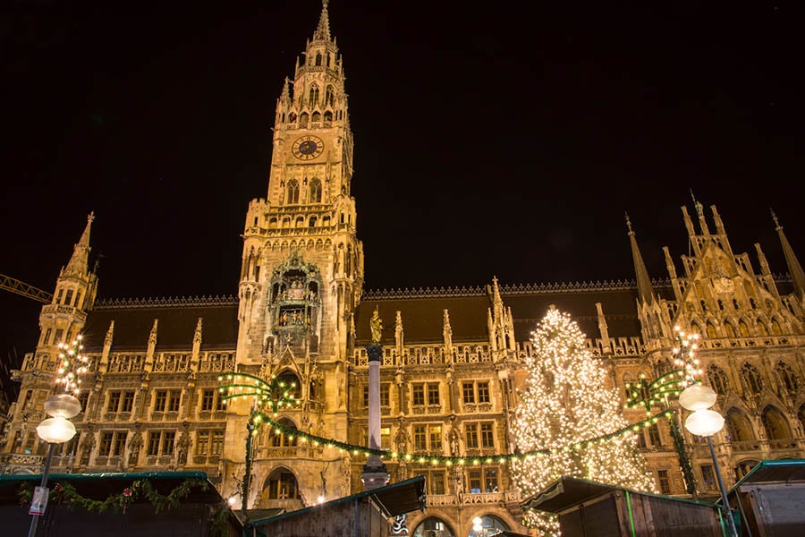 Christmas Market at Marienplatz in Munich with the town hall.